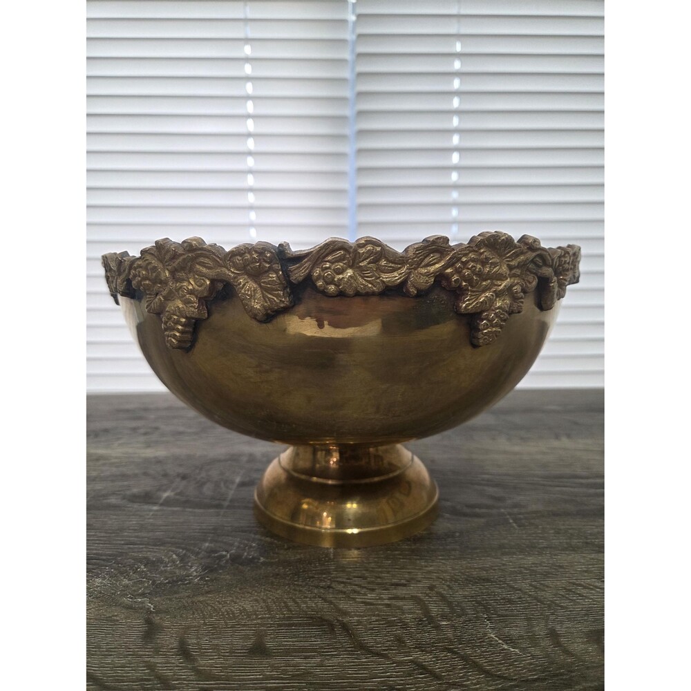 Vintage Brass Footed Bowl | Large Scalloped Grape Vine Centerpiece